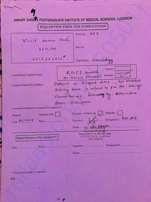 Referal letter to bone marrow transplant