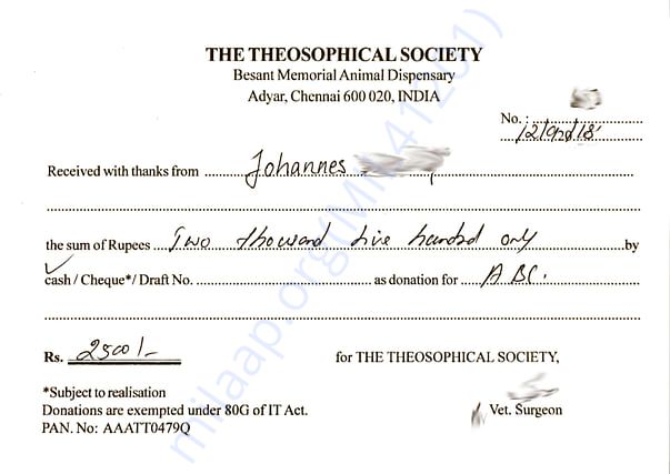 Donation receipt for Johannes