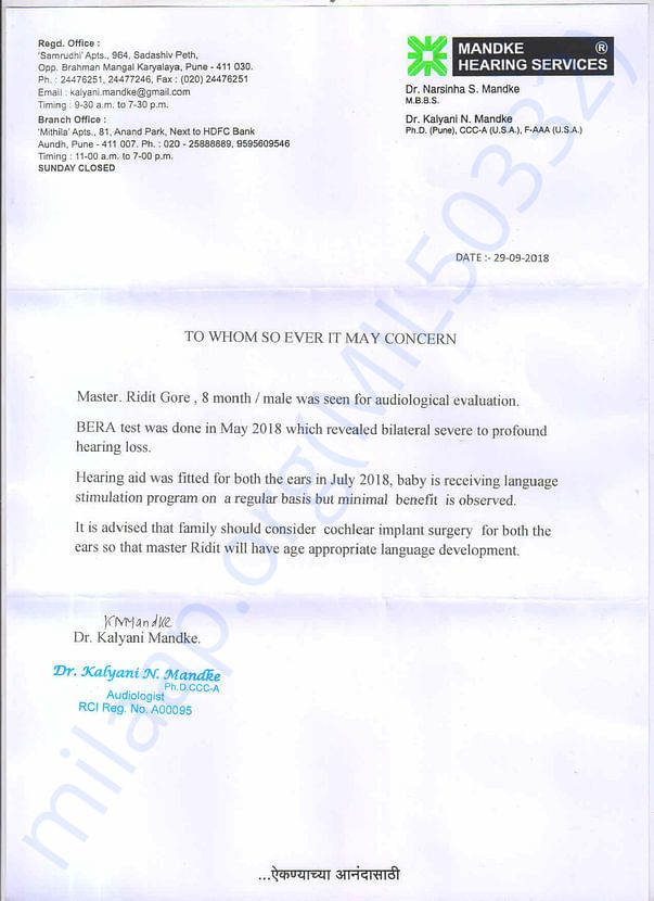 Doctor's Letter referring for Cochlear Implant Surgery