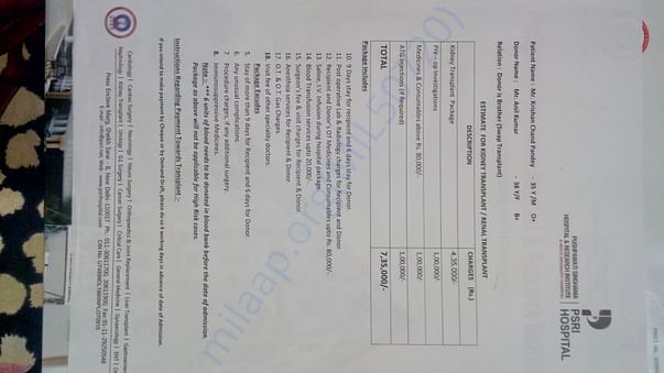 PSRI Hospital Estimate for Kidney Transplant
