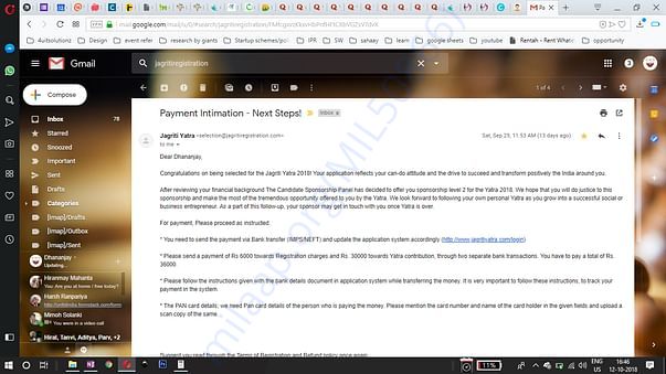 Screenshot of Payment & Scholarship Declaration from Jagriti Yatra