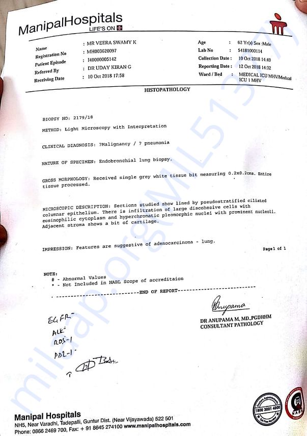 Lung biopsy report by Manipal Hospitals