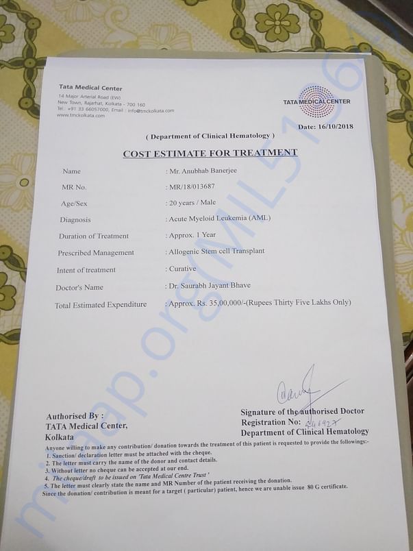 Documental proof of cost estimate for bown marrow transplantation