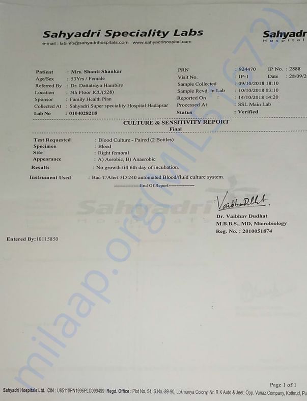 Blood Culture Report as on 14.10.2018