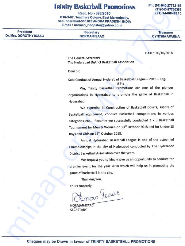 Trinity Letter for seeking permission to conduct tournament