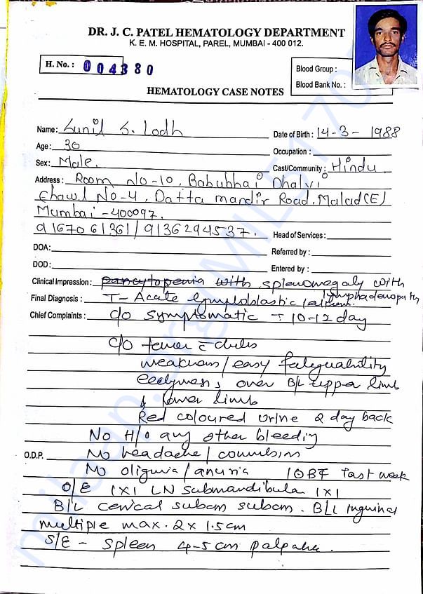 Hematology report by KEM hospital