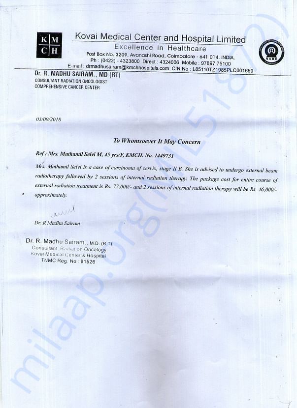 HOSPITAL LETTER FOR THE TREATMENT