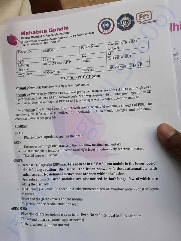 Medical report from the mahatma Gandhi cancer hospital