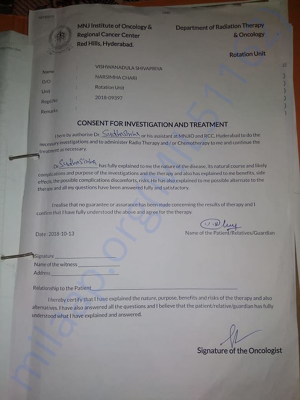 Consent report to Oncologist