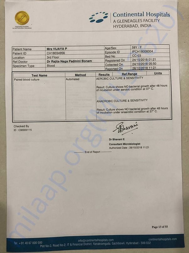 BLOOD CULTURE REPORT ON 24/10/18