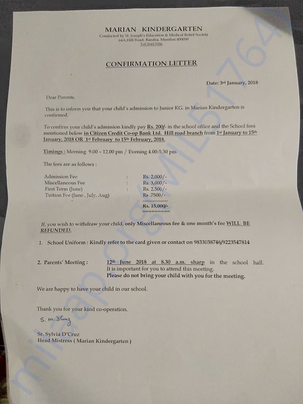 Hensika's confirmation letter for Kinder garten