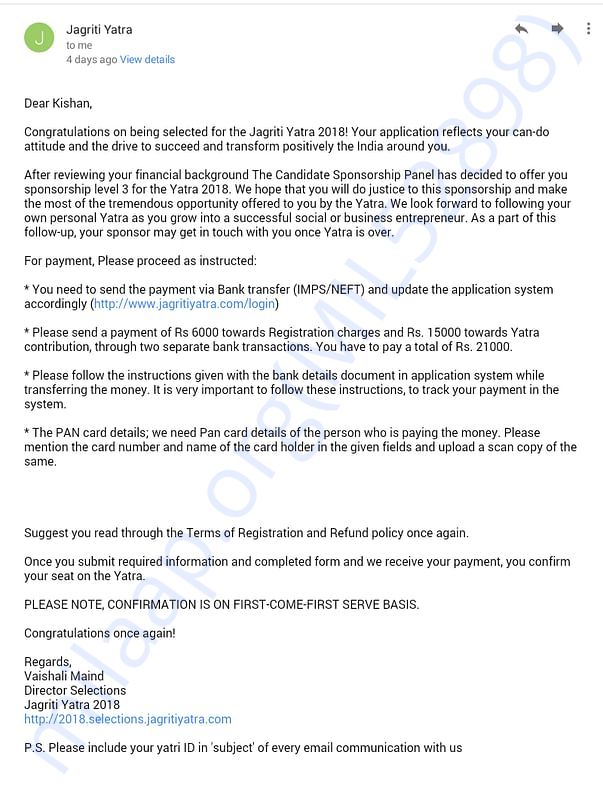 The document is an official intimation from Jagriti Yatra team
