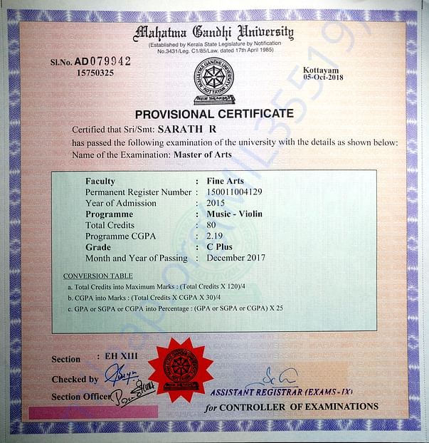 My MA provisional certificate