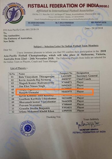 Letter from FISTBALL FEDERATION OF INDIA