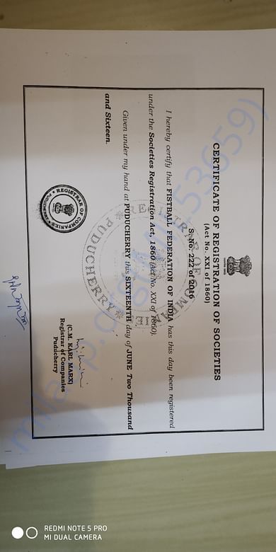 FESTBALL FEDERATION OF INDIA Registration proof