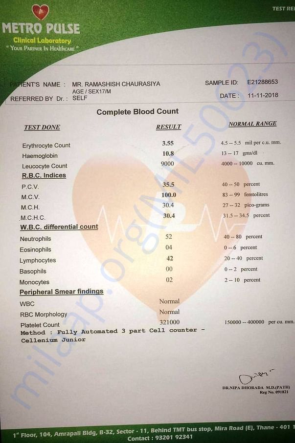 CBC report after 2 weeks discharged from KEM & Ayurvedic effects