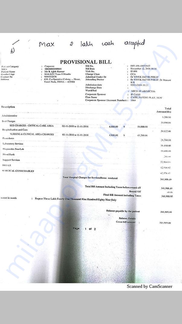Hospital Bill up till Nov 11th,2018