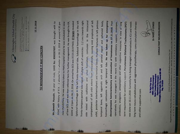 His admission and treatment letter by his surgeon.