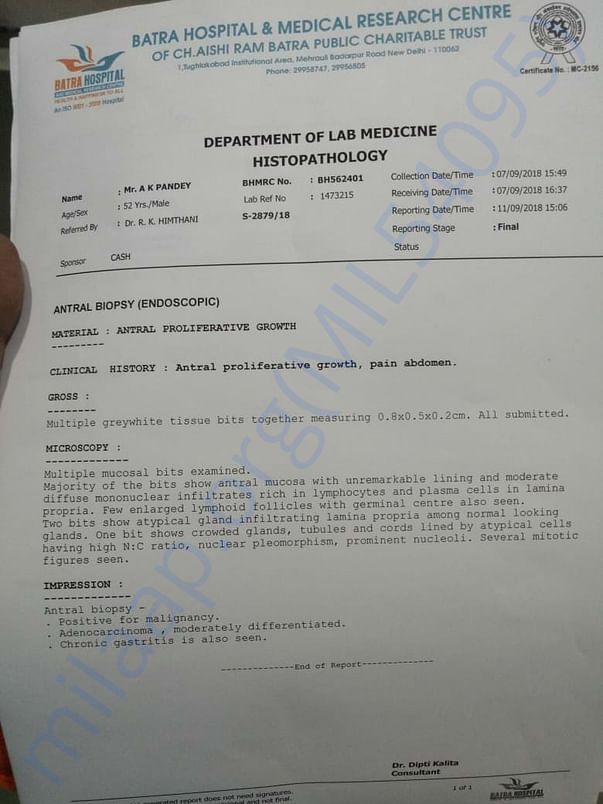The biopsy report (histo pathology report) which confirmed disease.