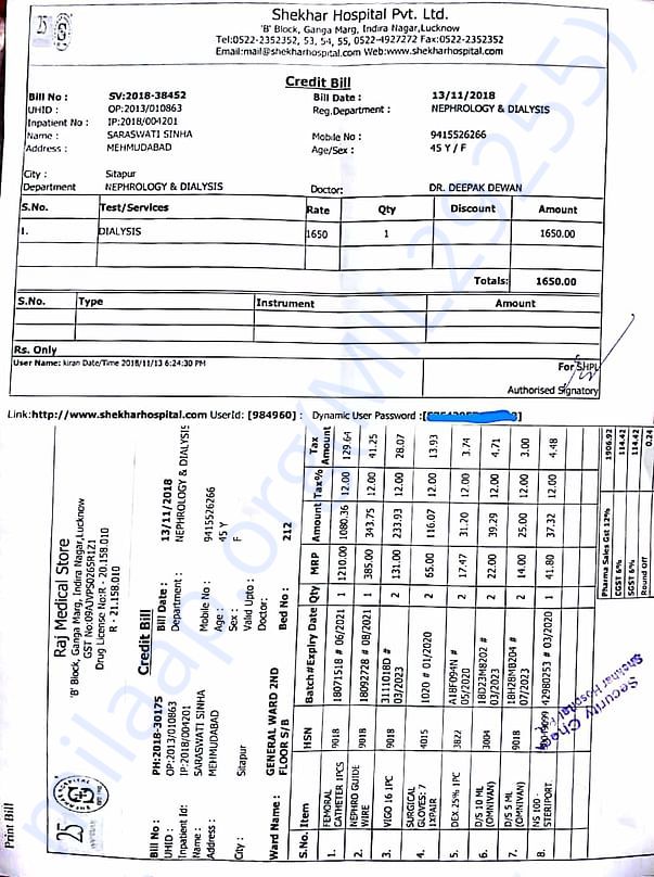 Per Dialysis Cost(1650+1906+114+114=3784)
