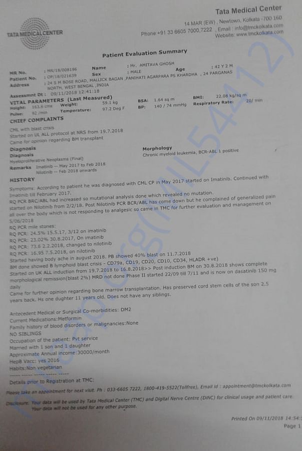 Patient Evaluation Summery from TATA Medical Center, Kolkata Page 01