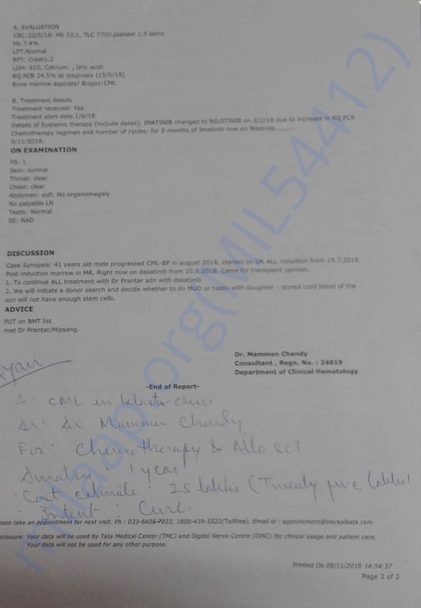 Patient Evaluation Summery from TATA Medical Center, Kolkata Page 02