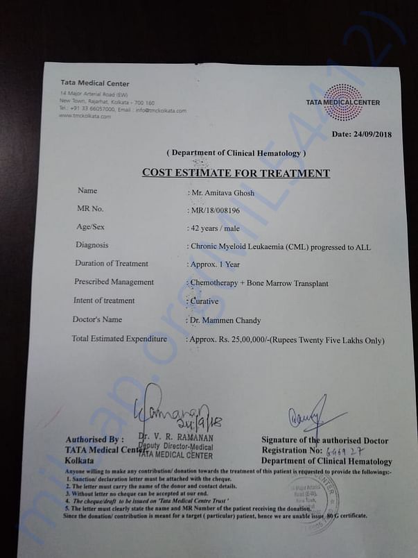 Cost Estimate for treatment at TATA Medical Center, Kolkata