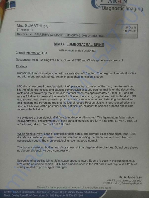 Medical report regarding MRI Scan