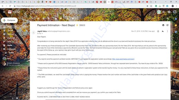 Jagriti yatra selection mail.