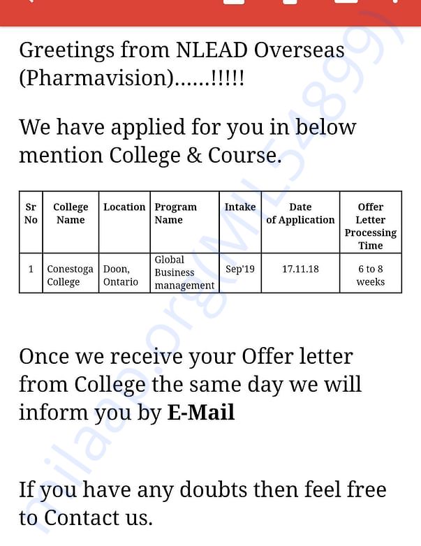 Here I'm sharing an email screenshot of my application at conestoga.