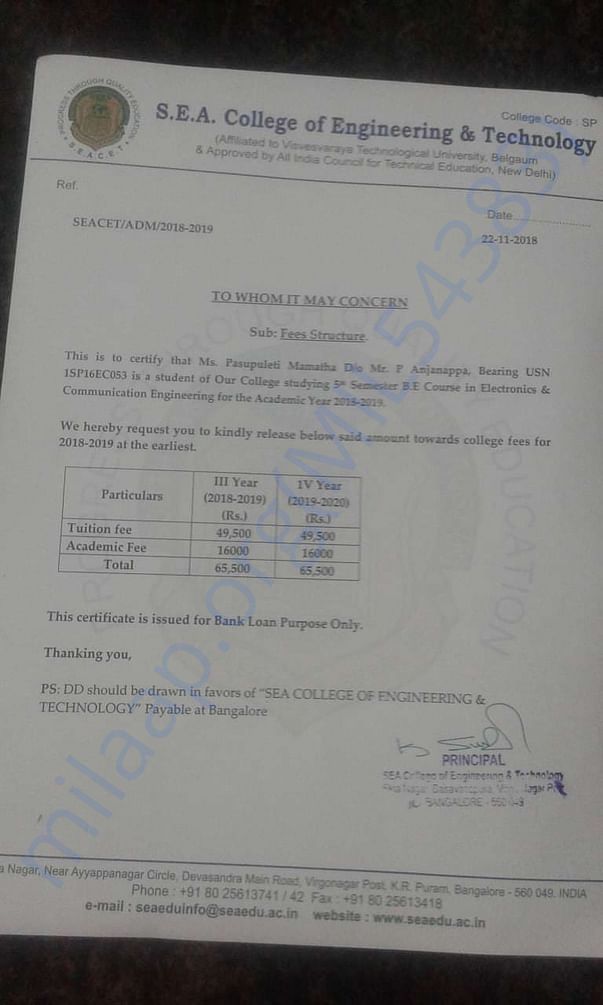 Fees notice from the college
