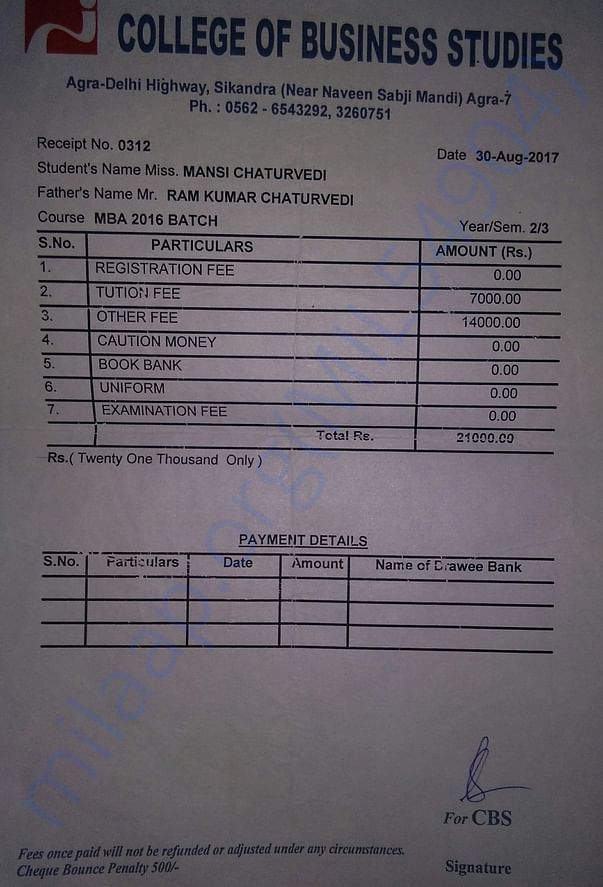 College fees reciept