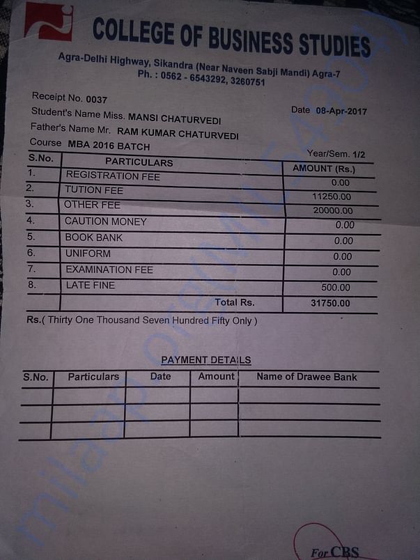 College fees receipt