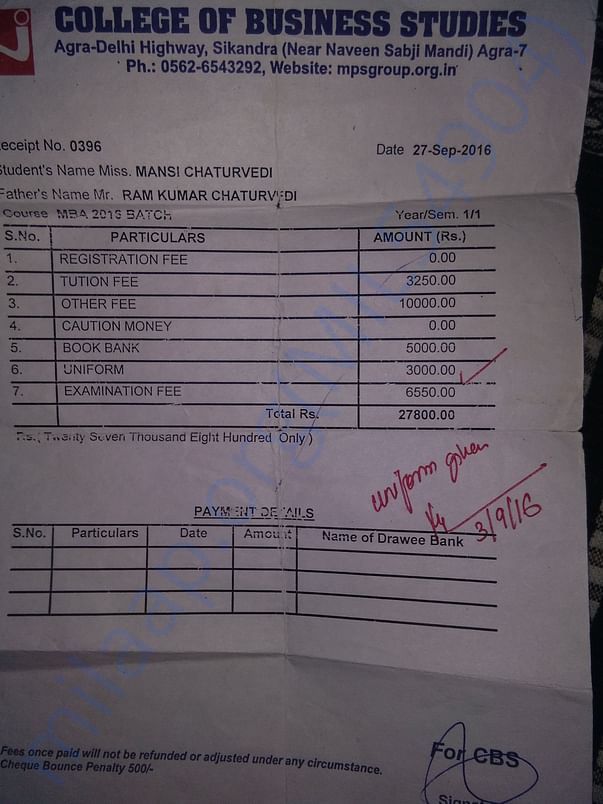 College fees receipt