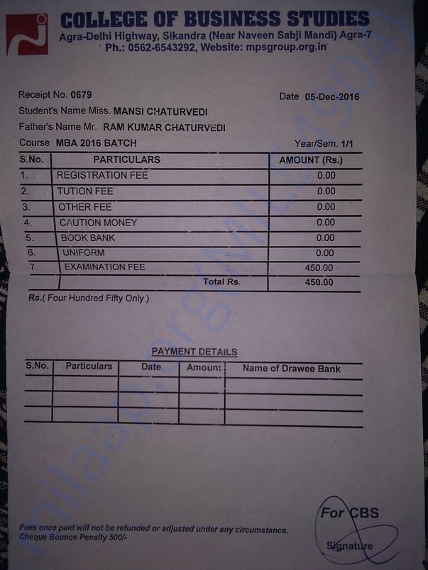 College fees reciept