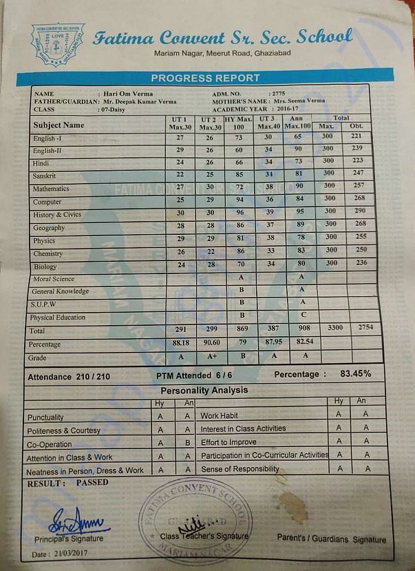 Mark Sheet Grade 7