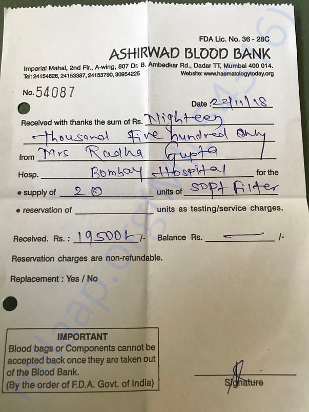 Platlet purchased from blood bank
