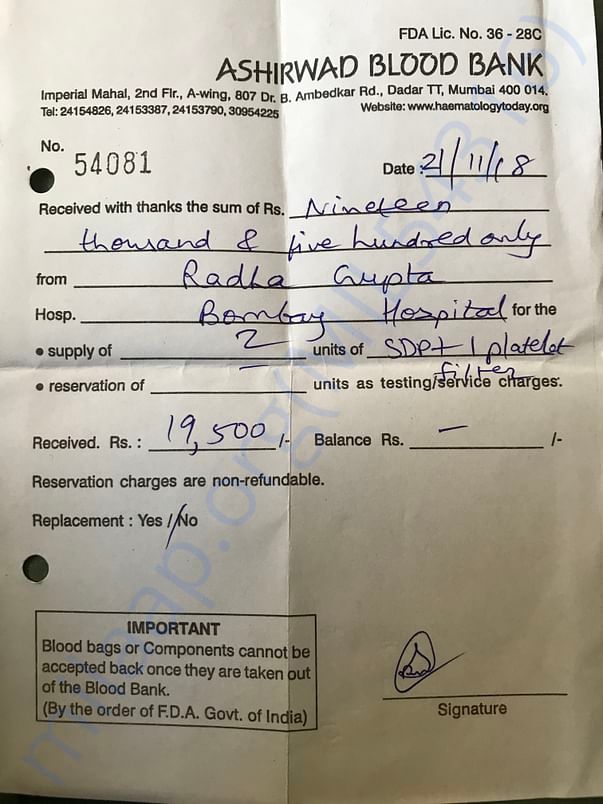 Platlet purchased from blood bank