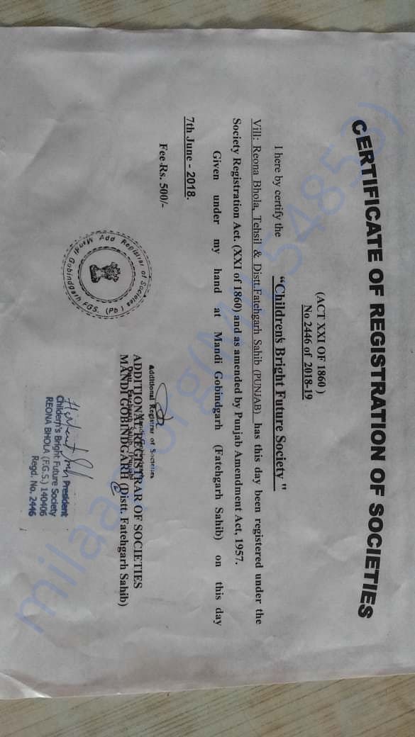 Registration Certificate of Children's Bright Future Society