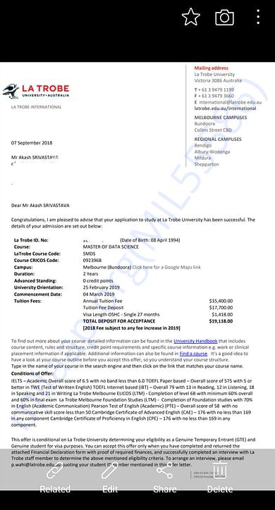 My offer letter from university