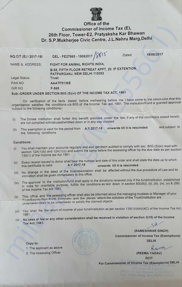 80G FFAR India Certificate of Exemption under Income Tax Act, 1961