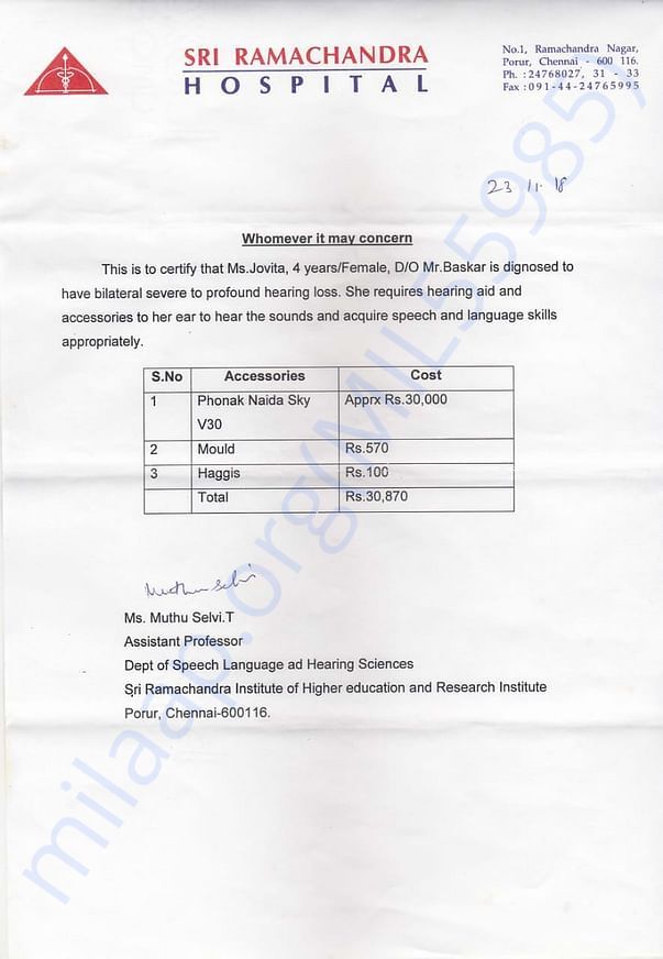 Estimation for hearing aid given by Sri Ramachandra hospital, Chennai
