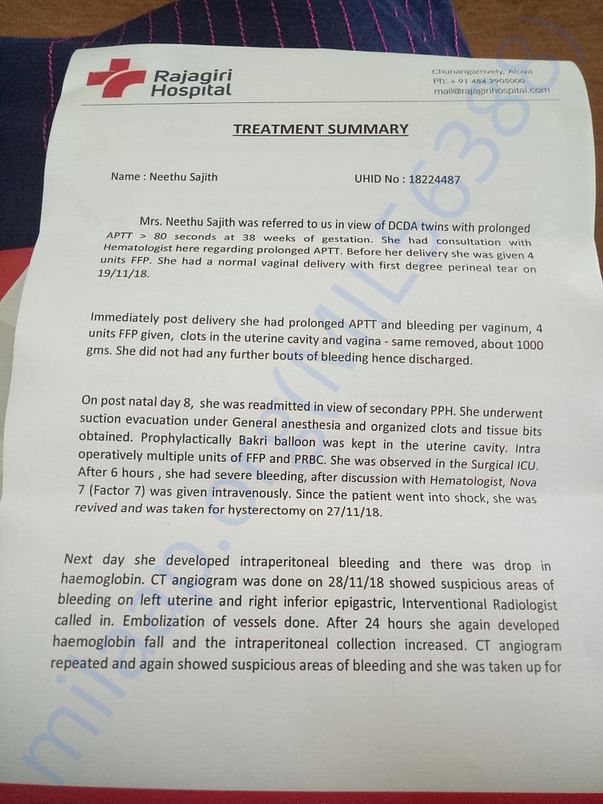 Below is a treatment summary letter provided by the hospital : Page1