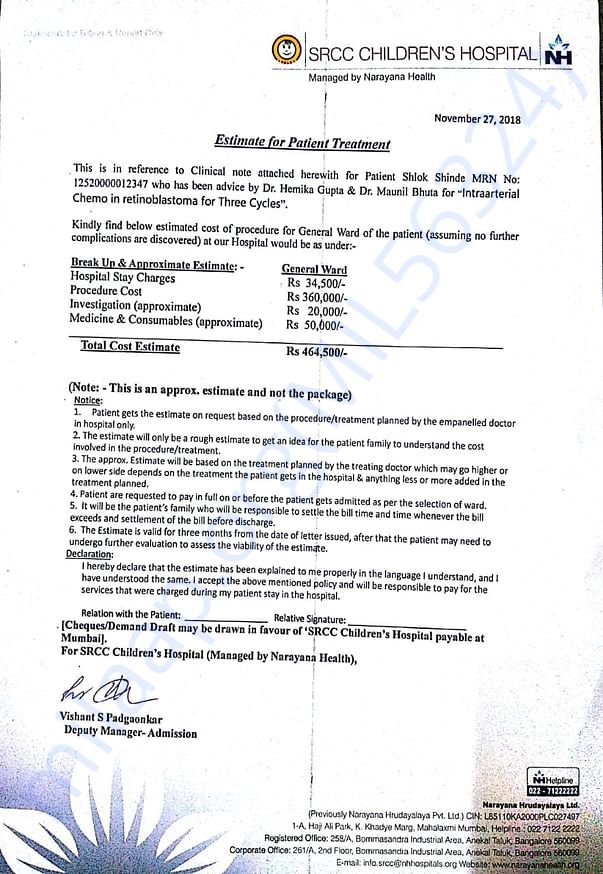 Below is the estimate letter by the hospital :