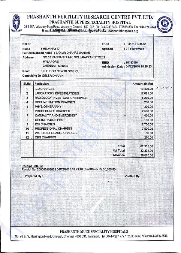 Bill from Prashanth hospital