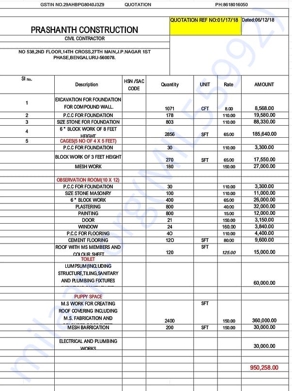 Estimate of construction costs