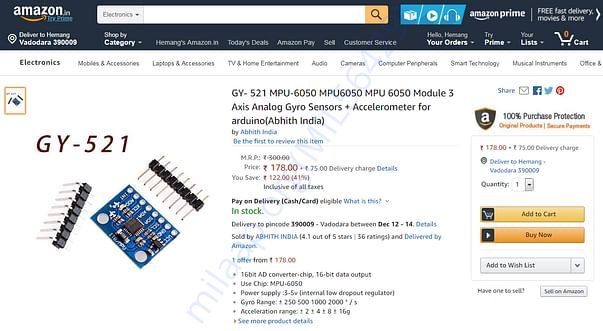 GY-521 MPU-6050 Gyro+Accelerometer Sensor