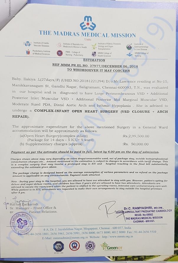 Estimate provided by Madras Medical Mission