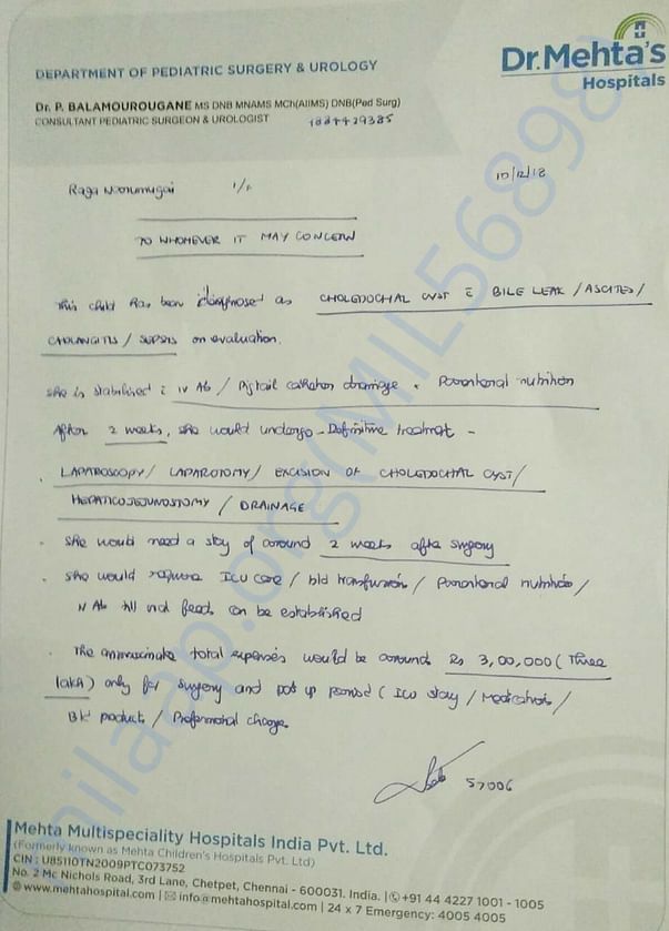 Only Surgery Estimation letter from our doctor