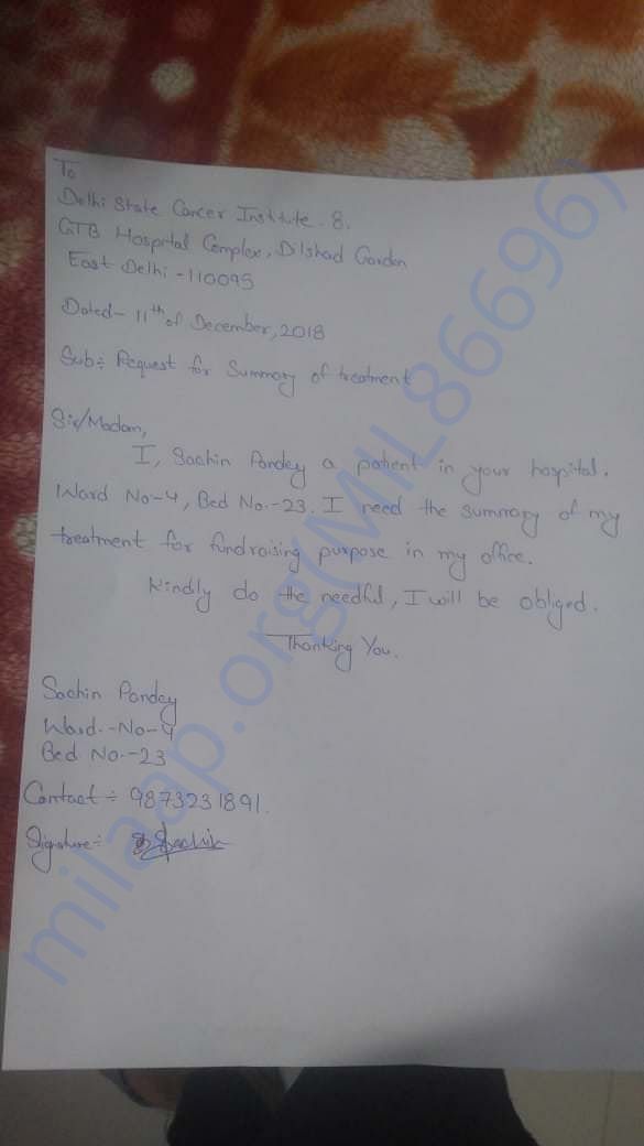 Requested application for the summary of Sachin's ongoing treatment.
